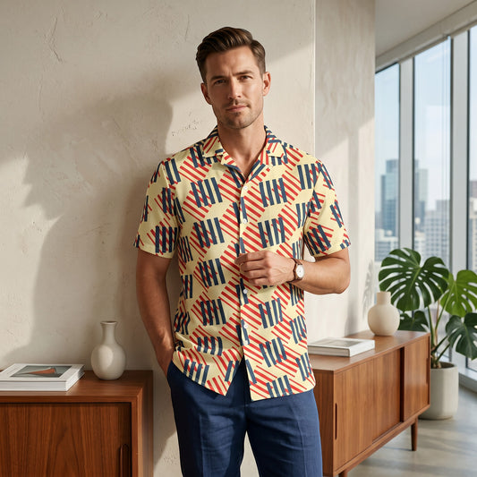 Good Wishes 365 men's short sleeve button-down shirt with a geometric red, navy, and cream pattern and camp collar. All-over print, unisex button shirt,.