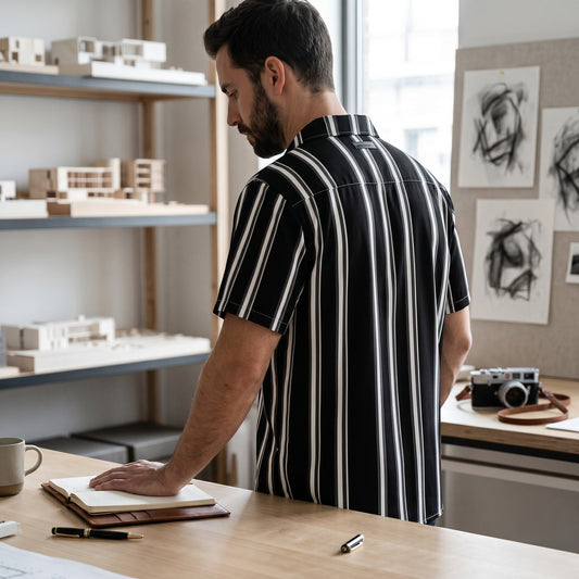 Good Wishes 365 black and white vertical striped short sleeve button-up shirt worn by a man in a studio office.