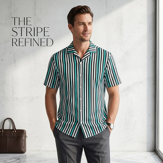 Good Wishes 365 men's teal, black, and white vertical striped short sleeve button-up shirt with a camp collar.