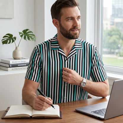Good Wishes 365 men's teal, black, and white vertical striped short sleeve button-up shirt with a camp collar.