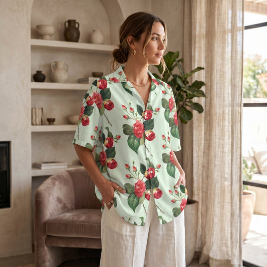 Good Wishes 365 mint green short sleeve button shirt with red rose floral print worn by a woman in a bright room