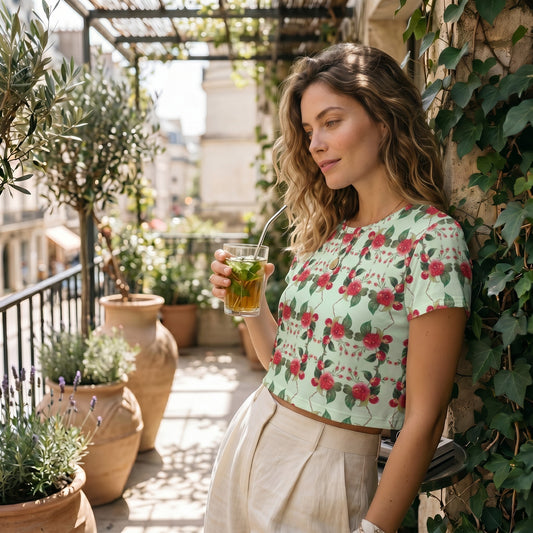 Good Wishes 365 mint green crop tee with red rose print, worn by a woman holding a drink on a sunny balcony.
