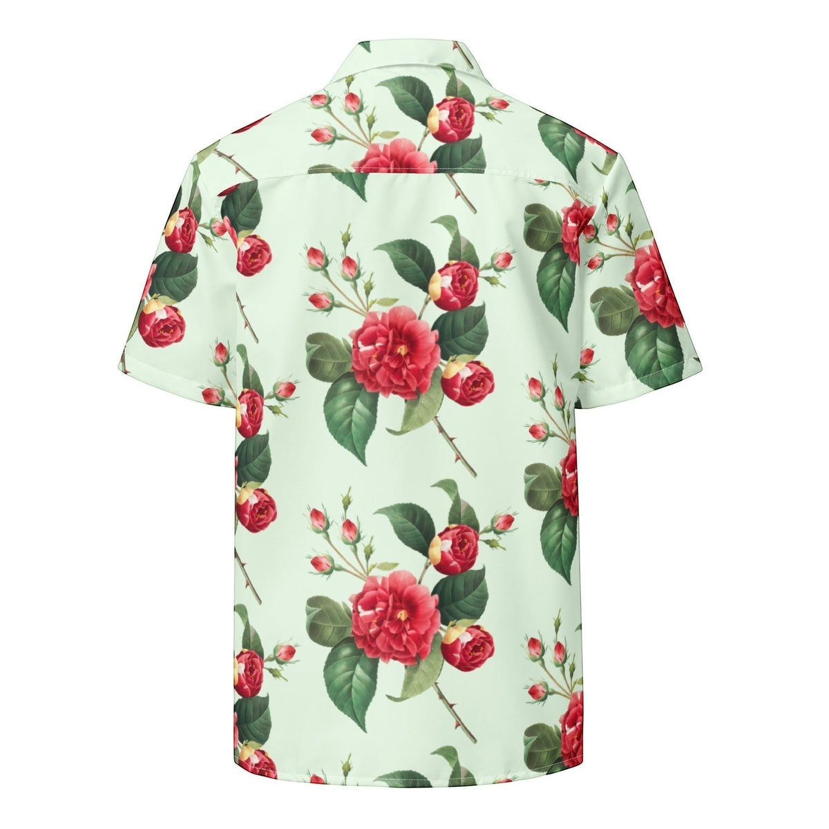 Back view of Good Wishes 365 mint green short sleeve button shirt with a vibrant red rose floral print.