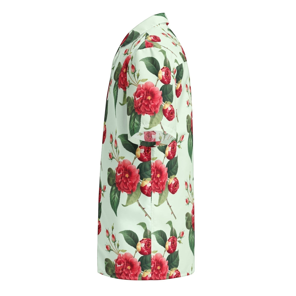 Good Wishes 365 women's mint green button-down shirt with a vibrant red rose floral print, side view.