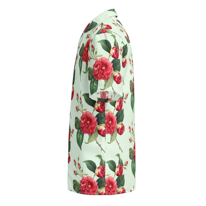 Good Wishes 365 women's mint green button-down shirt with a vibrant red rose floral print, side view.