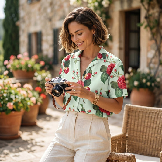 A woman wearing a Good Wishes 365 mint green short-sleeve button shirt with a red rose floral print outdoors.