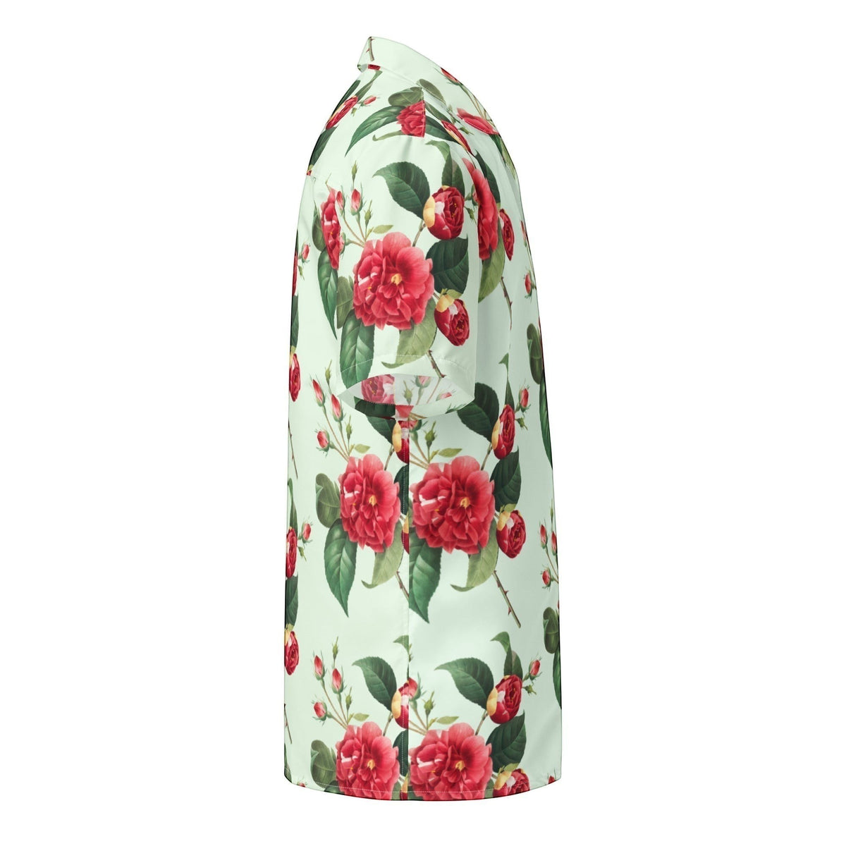 Good Wishes 365 women's short sleeve button shirt in mint green with a vibrant red rose floral print, side view.