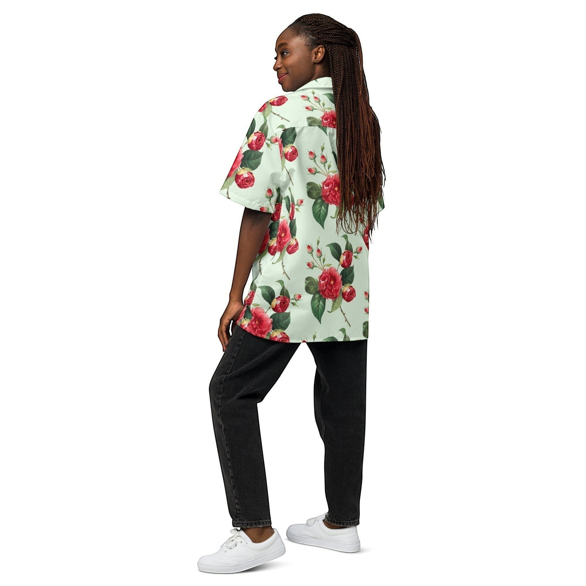 Good Wishes 365 mint green short sleeve button shirt with red rose floral print worn by a woman with black jeans