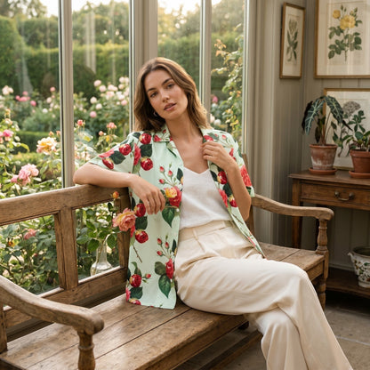 Good Wishes 365 mint green short sleeve button shirt with red rose floral print worn by a woman on a wooden bench.