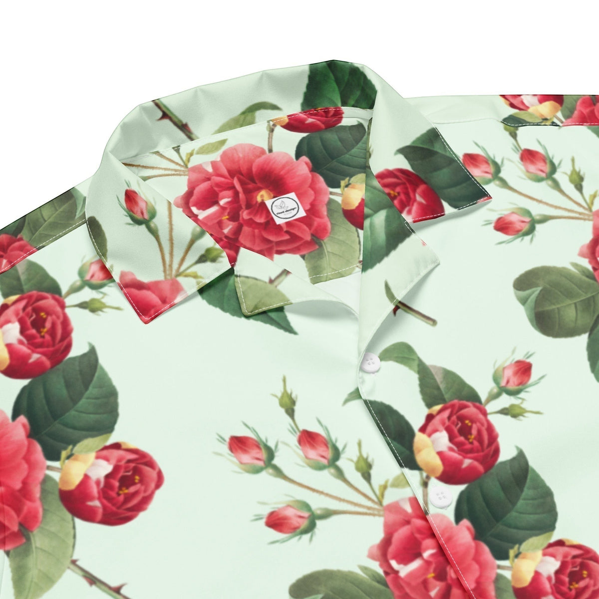 Good Wishes 365 mint green short sleeve button shirt featuring a vibrant red rose floral print and classic collar.
