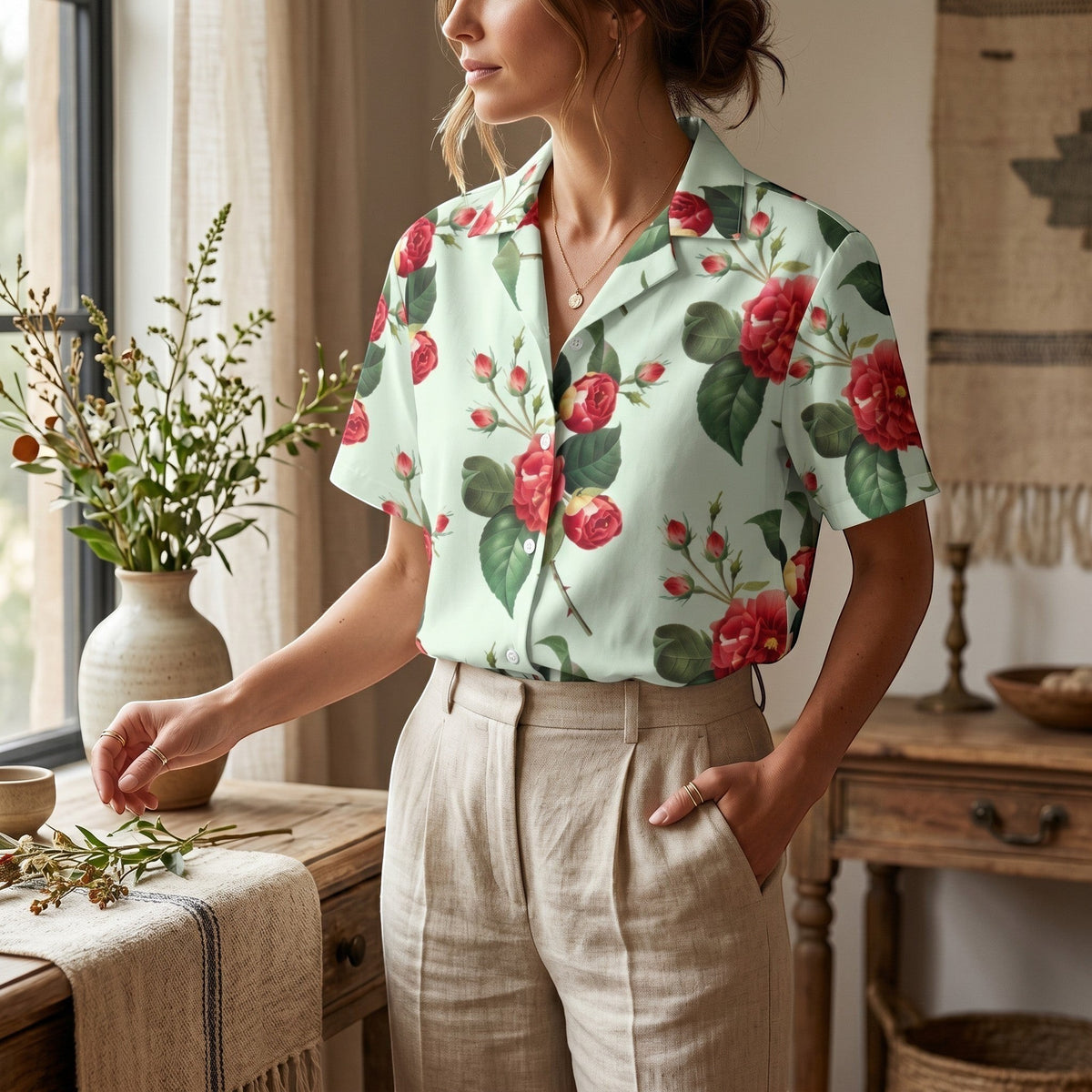 Good Wishes 365 mint green short sleeve button shirt with red rose floral print worn with beige linen trousers