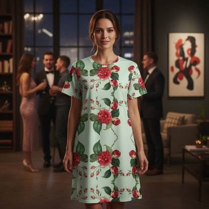 Good Wishes 365 light mint green t-shirt dress with a repeating red floral pattern and drop shoulders.