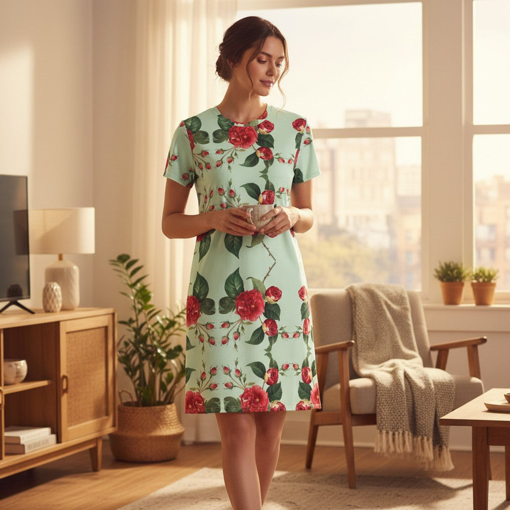 Good Wishes 365 light mint green t-shirt dress with a repeating red floral pattern and a comfortable oversize fit.