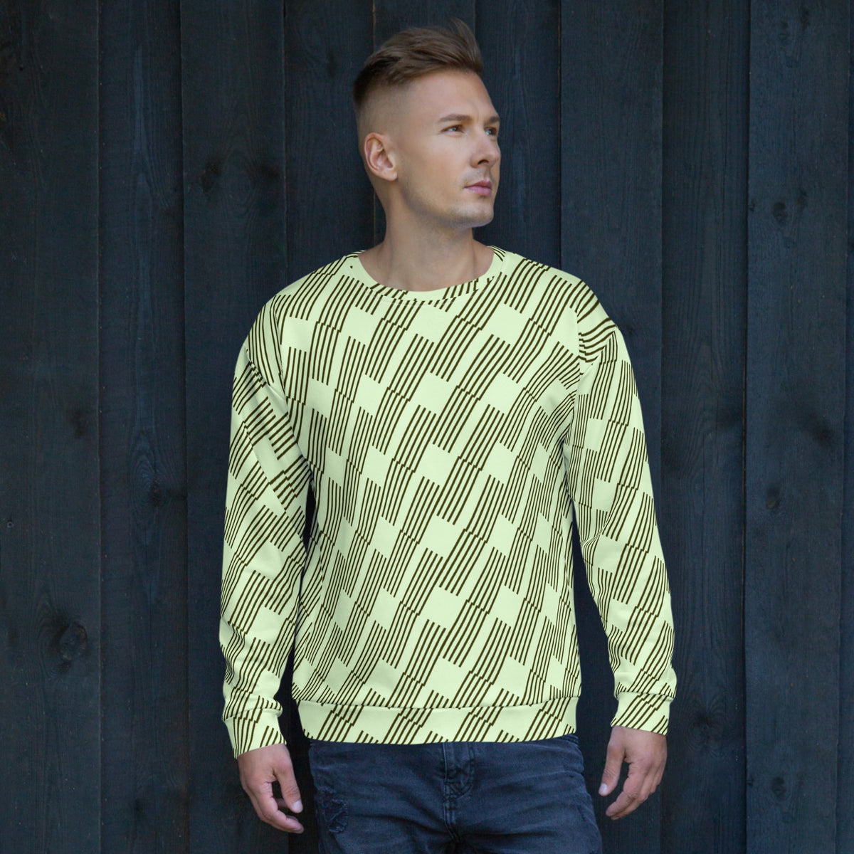 Good Wishes 365 unisex recycled sweatshirt featuring a mint and dark geometric rhythm print on a male model