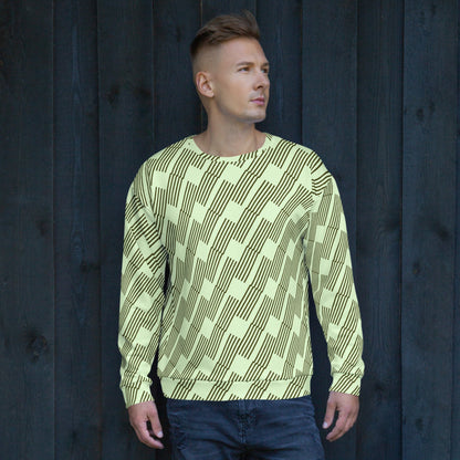 Good Wishes 365 unisex recycled sweatshirt featuring a mint and dark geometric rhythm print on a male model