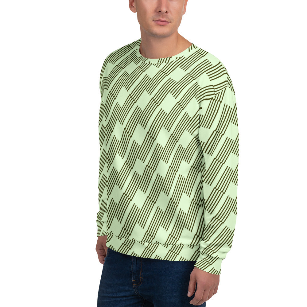 Good Wishes 365 unisex recycled sweatshirt featuring a mint and dark geometric rhythm pattern on a male model