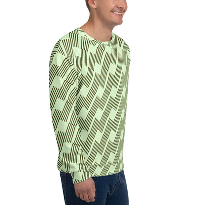 Good Wishes 365 unisex recycled sweatshirt in mint green with a dark geometric rhythm pattern, side view on a man.