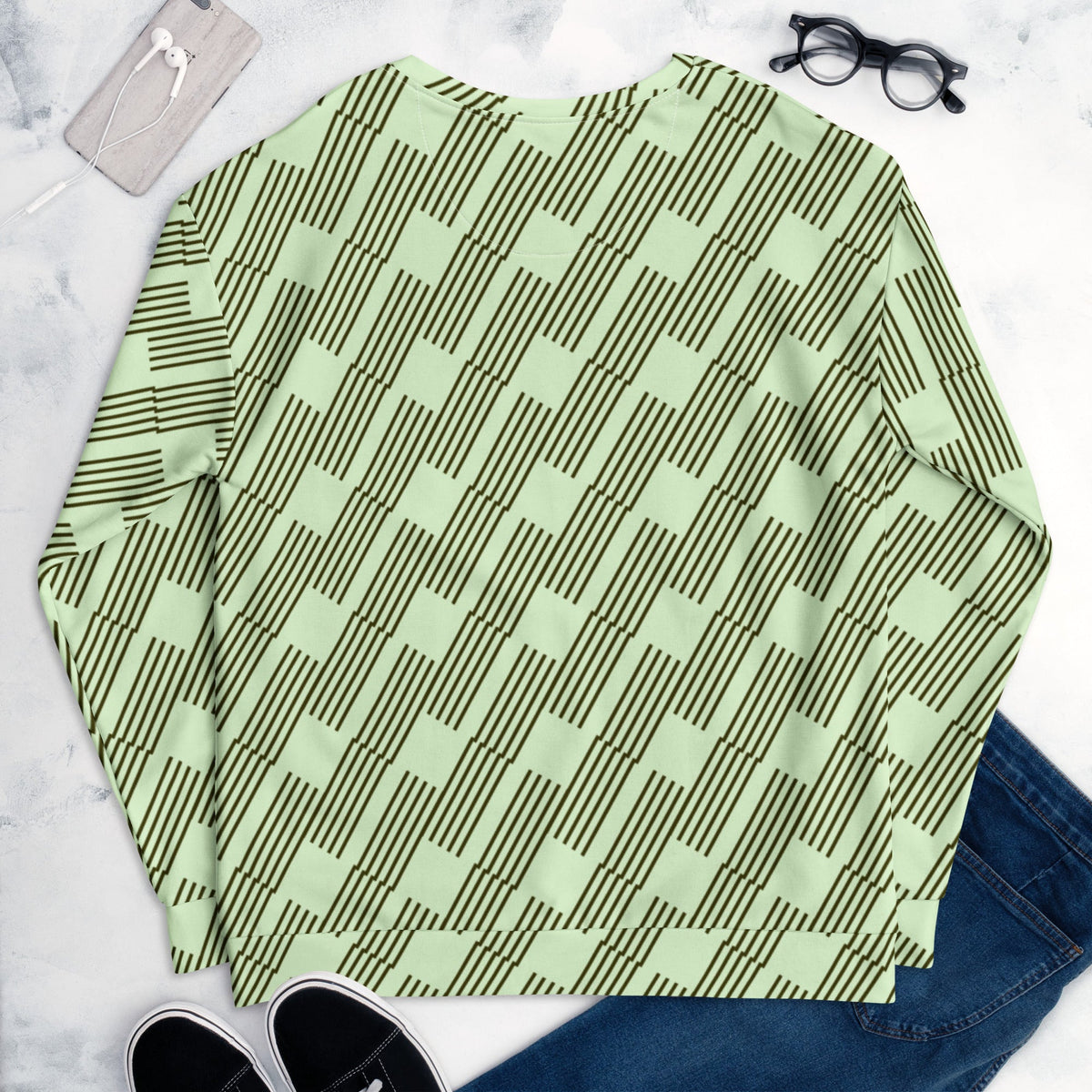 Good Wishes 365 unisex recycled sweatshirt in mint green with a dark geometric rhythm pattern, flat lay view.