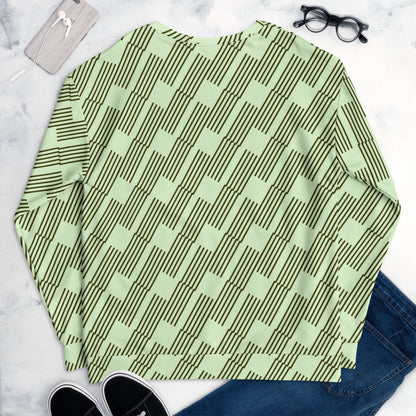 Good Wishes 365 unisex recycled sweatshirt in mint green with a dark geometric rhythm pattern, flat lay view.