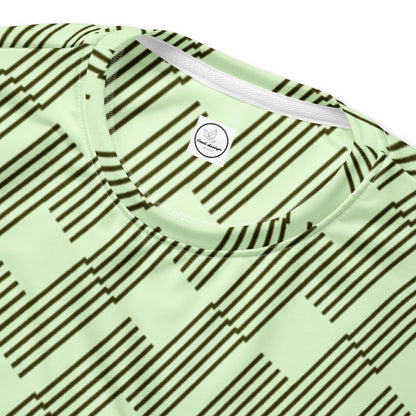 Good Wishes 365 unisex sweatshirt in mint green with a dark geometric rhythm pattern and ribbed crew neck collar