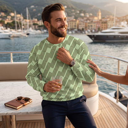 Good Wishes 365 mint and dark geometric print recycled unisex sweatshirt worn by a man on a yacht deck