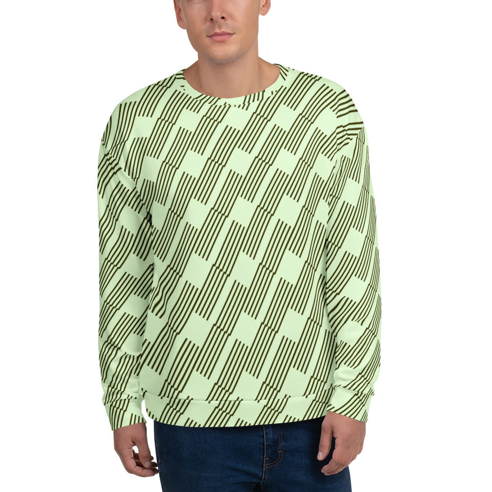 Good Wishes 365 unisex recycled sweatshirt featuring a mint green and dark geometric rhythm all-over print pattern.