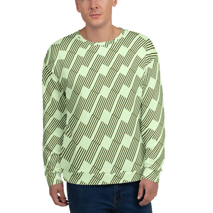 Good Wishes 365 unisex recycled sweatshirt featuring a mint green and dark geometric rhythm all-over print pattern.
