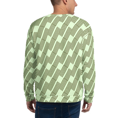 Good Wishes 365 unisex recycled sweatshirt featuring a mint green and dark geometric rhythm all-over print, back view.
