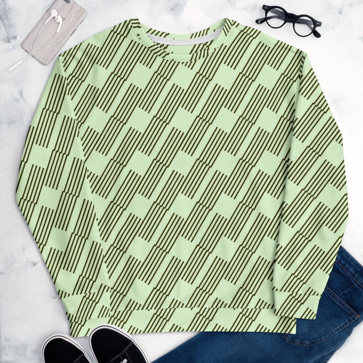 Good Wishes 365 unisex recycled sweatshirt in mint green with a dark geometric rhythm pattern and ribbed trim.