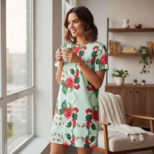 Good Wishes 365 light mint green t-shirt dress with a repeating red floral pattern and drop shoulders.