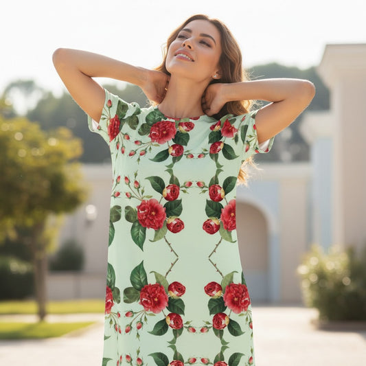 Good Wishes 365 light mint green t-shirt dress with a repeating red floral pattern and drop shoulders.