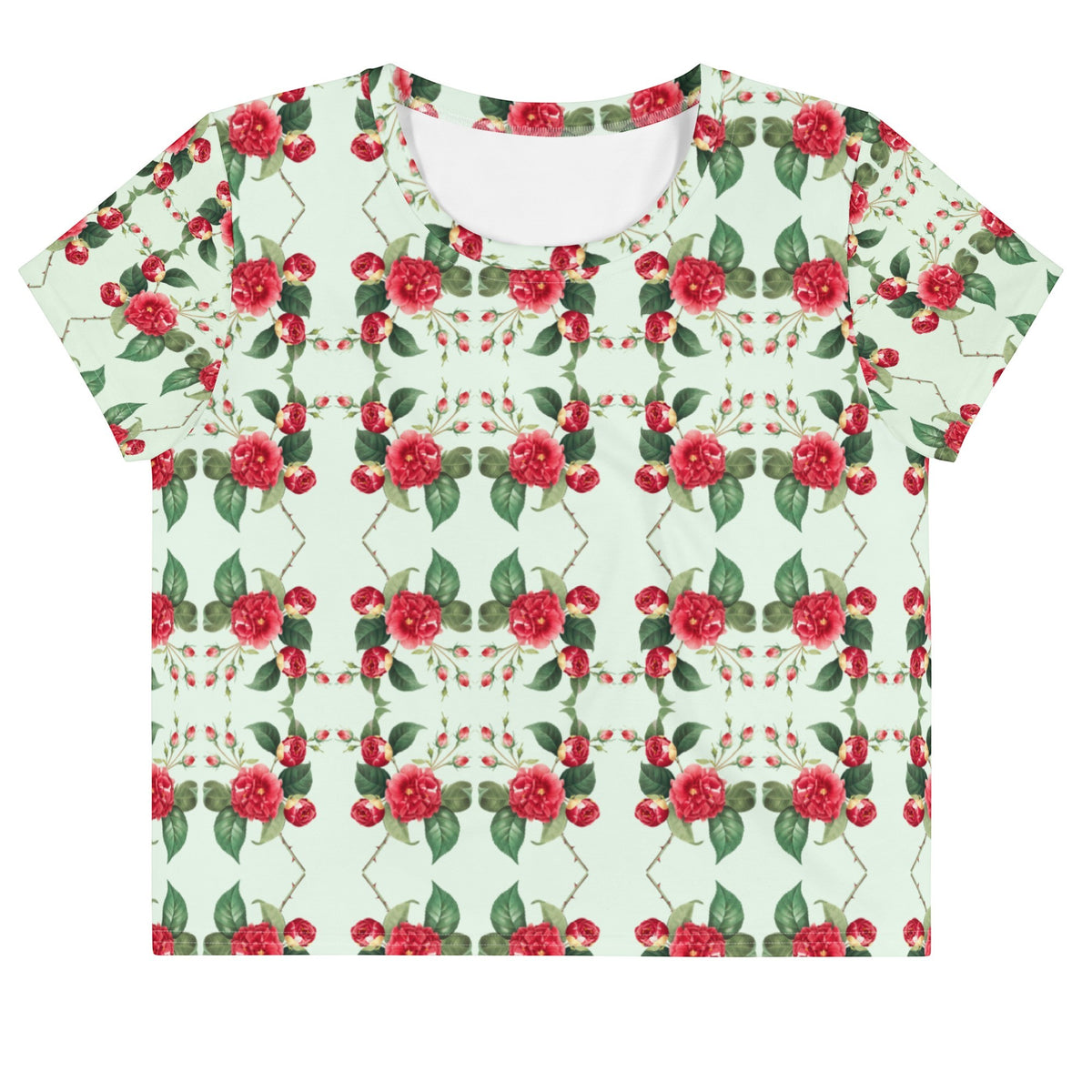 Good Wishes 365 mint green crop tee with an all-over red rose floral print in a soft polyester jersey knit fabric.