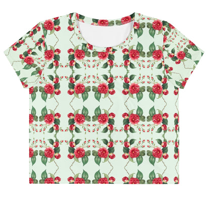 Good Wishes 365 mint green crop tee with an all-over red rose floral print in a soft polyester jersey knit fabric.