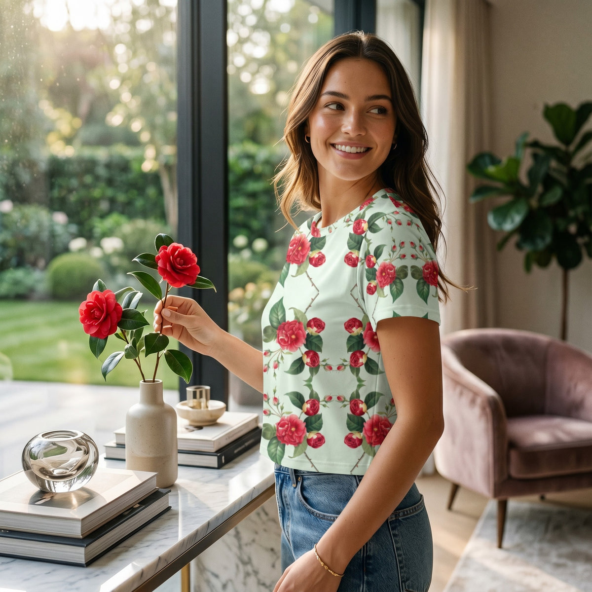 Good Wishes 365 mint green crop tee with red rose print worn by a smiling woman standing near a window.