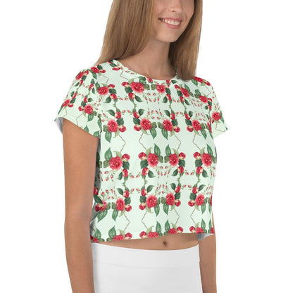 Good Wishes 365 mint green crop tee featuring an all-over red rose floral print on stretchy polyester jersey fabric.