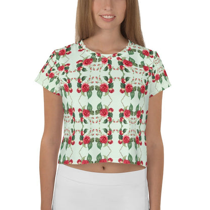 Good Wishes 365 women's mint green crop tee featuring an all-over red rose floral print in premium stretch jersey.
