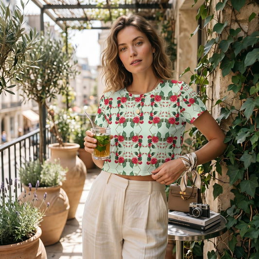 Good Wishes 365 mint green crop tee with red rose print worn by a woman on a sunny balcony with potted plants.