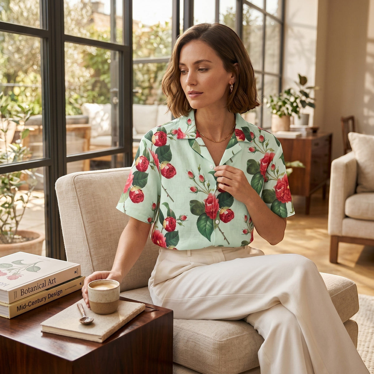 Good Wishes 365 mint green short sleeve button shirt with red rose floral print worn by a woman in a bright room