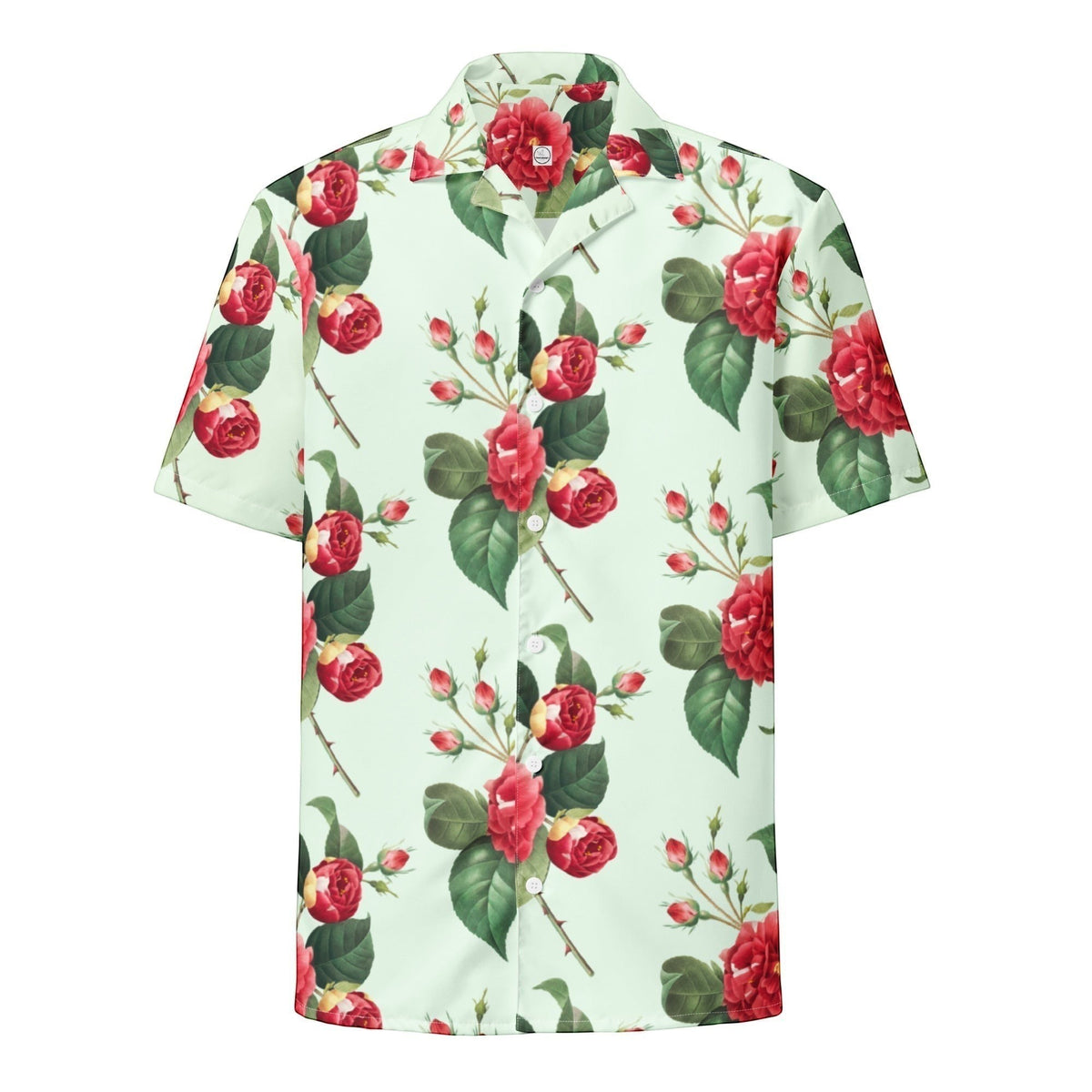 Good Wishes 365 mint green short sleeve button shirt featuring a vibrant red rose floral print and classic collar.