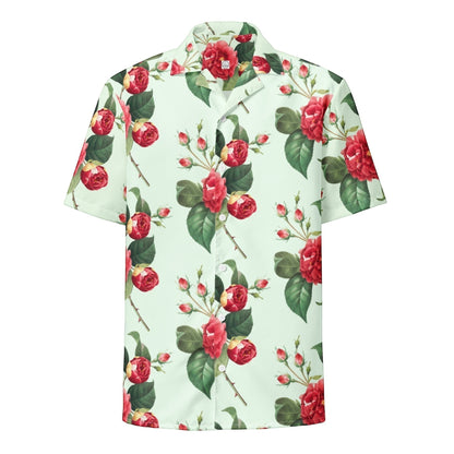 Good Wishes 365 mint green short sleeve button shirt featuring a vibrant red rose floral print and classic collar.