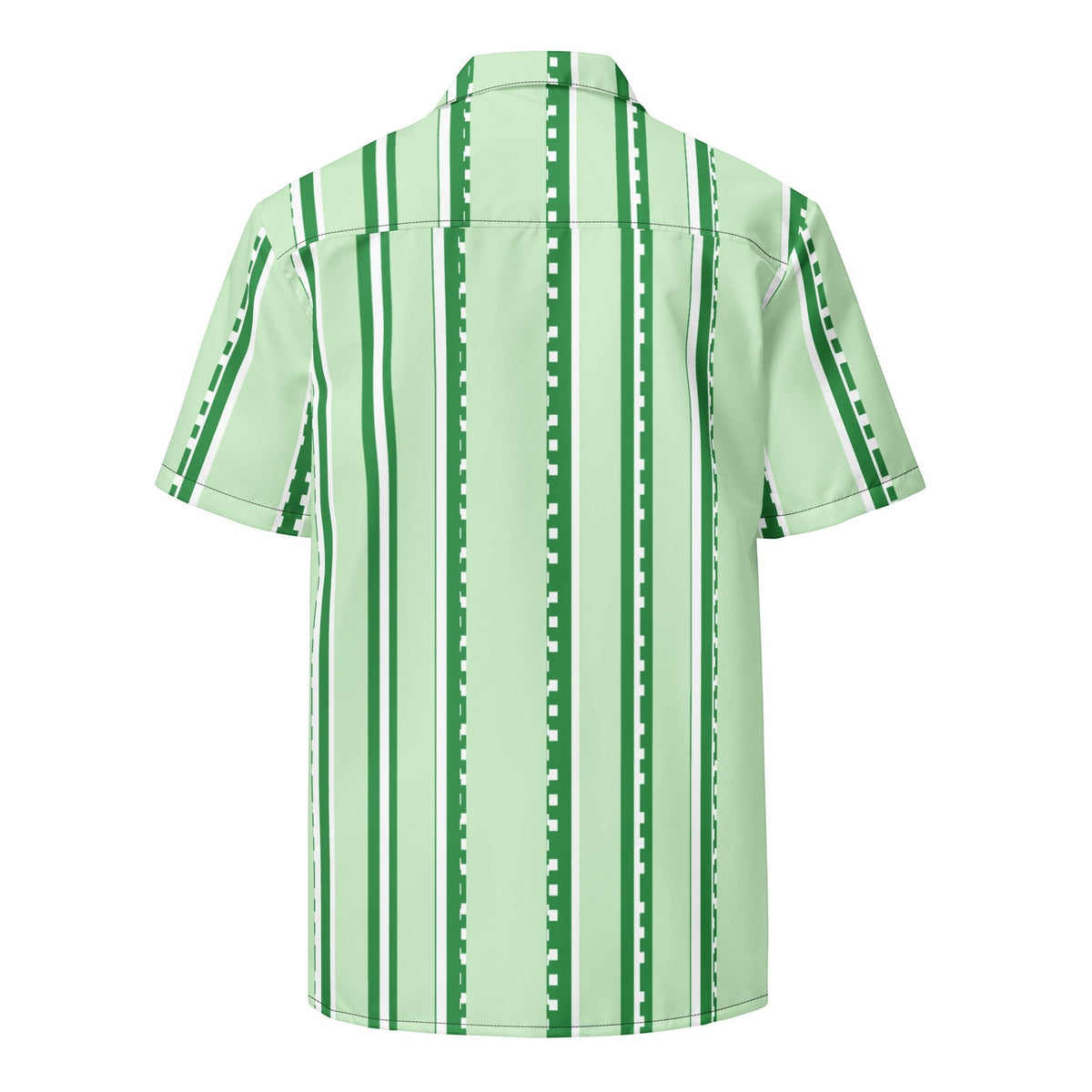 Good Wishes 365 retro pastel mint green button-down shirt with vertical stripes and UPF50+ sun protection, back view.