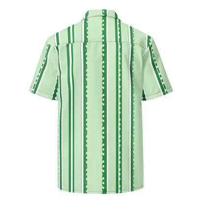 Good Wishes 365 retro pastel mint green button-down shirt with vertical stripes and UPF50+ sun protection, back view.
