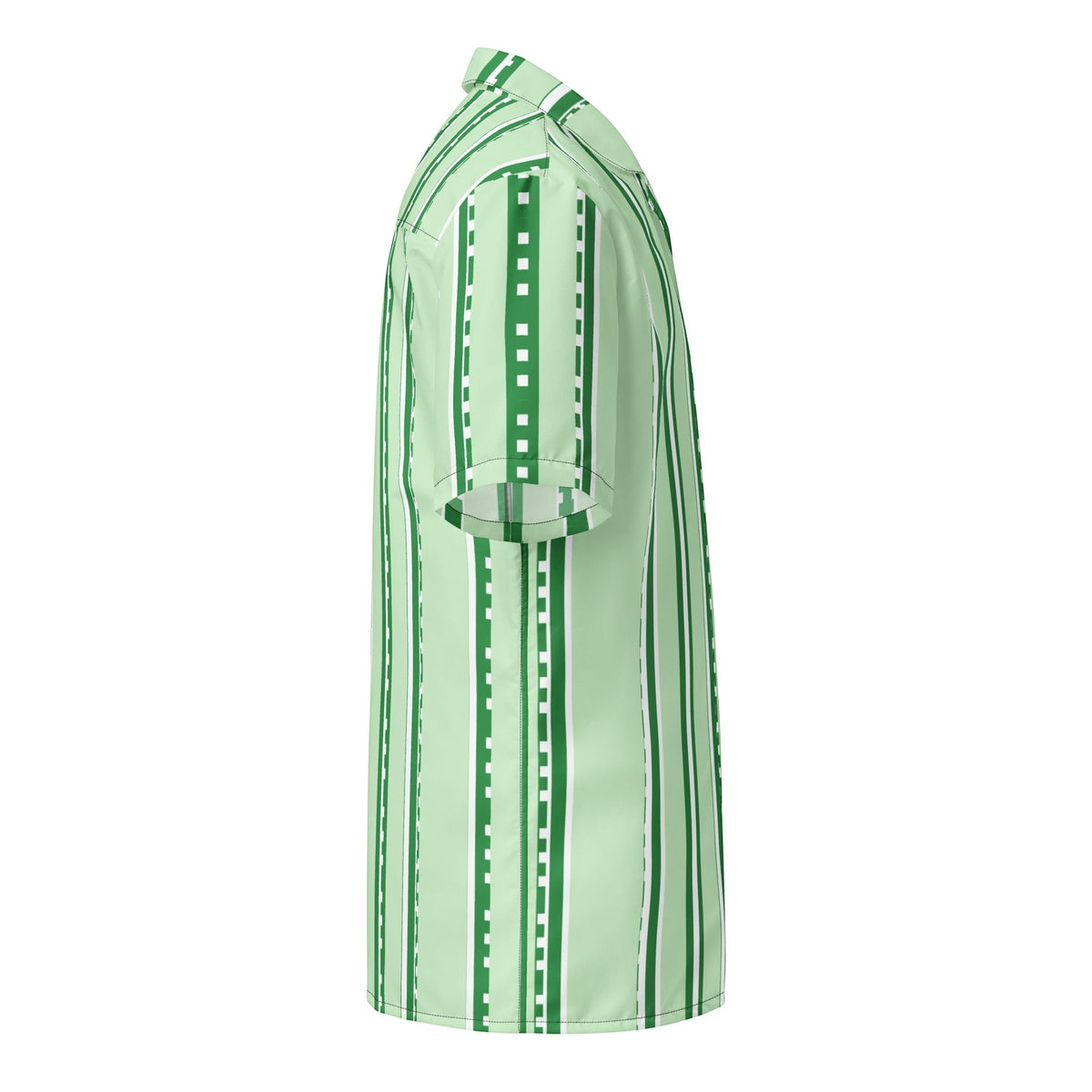 Good Wishes 365 unisex button-down shirt in pastel mint with vertical stripes and UPF50+ sun protection, side view.