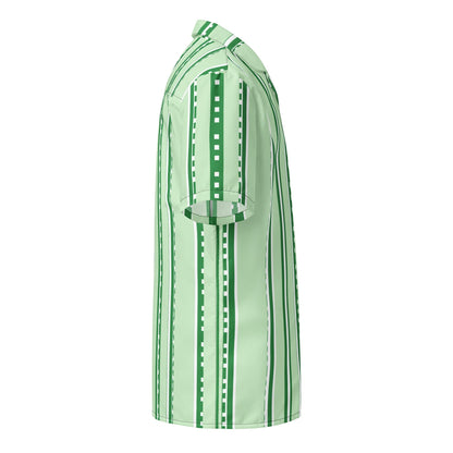 Good Wishes 365 unisex button-down shirt in pastel mint with vertical stripes and UPF50+ sun protection, side view.