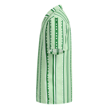 Good Wishes 365 pastel mint green short-sleeve button-down shirt with vertical stripes and UPF50+ sun protection.