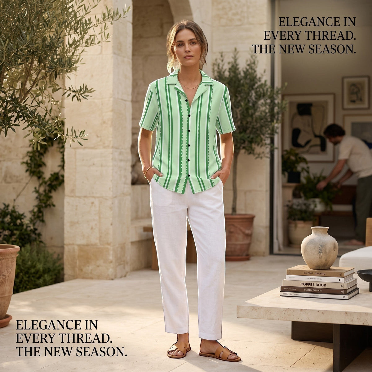 Good Wishes 365 pastel mint vertical stripe button-down shirt with UPF50+ protection worn with white trousers.