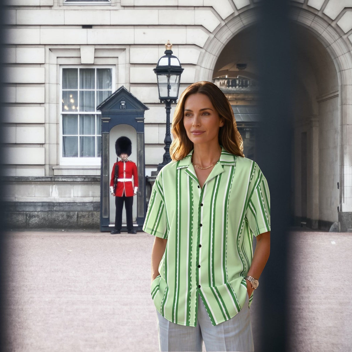 Good Wishes 365 pastel mint green vertical stripe button-down shirt with UPF50+ protection worn by a woman outdoors.