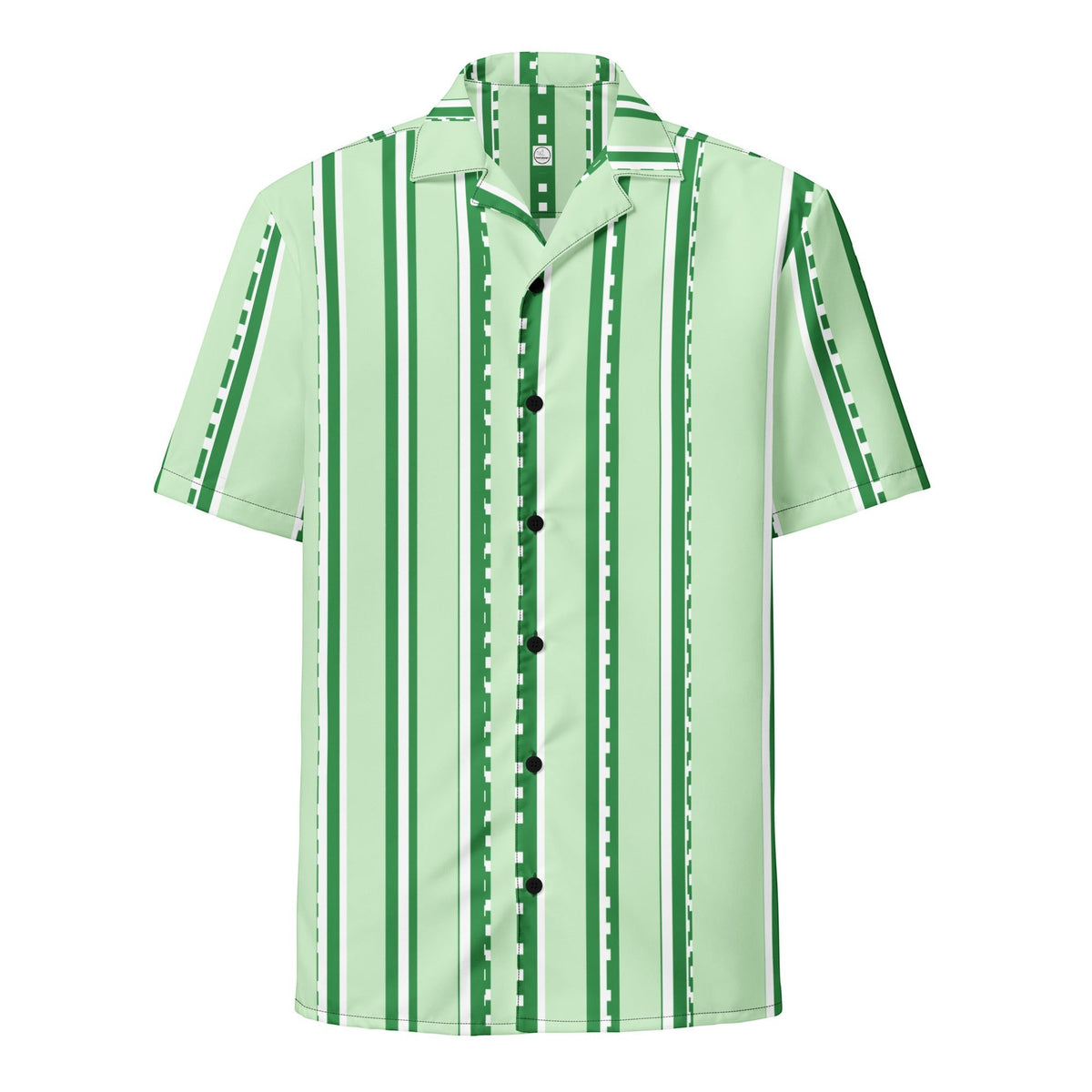 Good Wishes 365 unisex short-sleeve button shirt in pastel mint with a retro vertical stripe pattern and UPF50+ fabric.