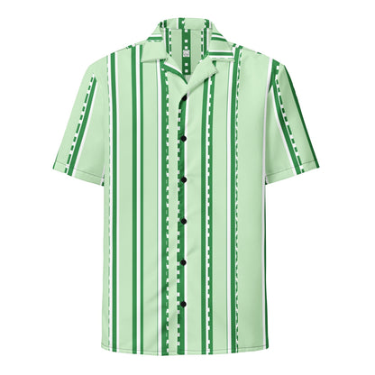 Good Wishes 365 unisex short-sleeve button shirt in pastel mint with a retro vertical stripe pattern and UPF50+ fabric.