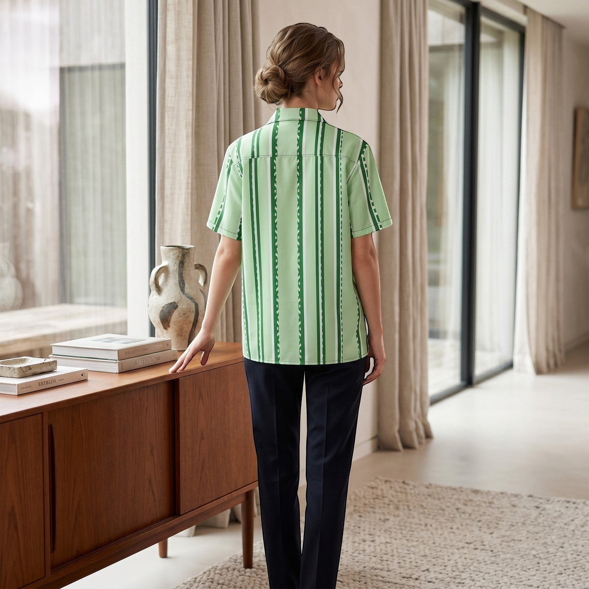 Good Wishes 365 retro pastel mint green vertical stripe short-sleeve button-down shirt with UPF50+ sun protection.